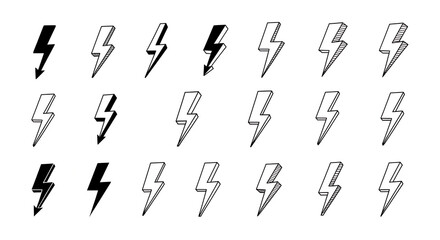 Collection of hand drawn lightning bolt icons and symbols in a sketchy distressed style