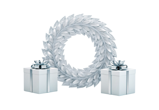 Silver leaf wreath with gift boxes displaying festive bow decorations, isolated on a transparent background