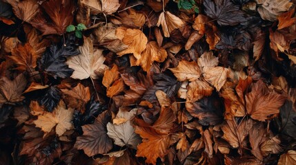 Brown and orange fallen autumn maple leaves lie on ground background, natural fall scene for design projects.
