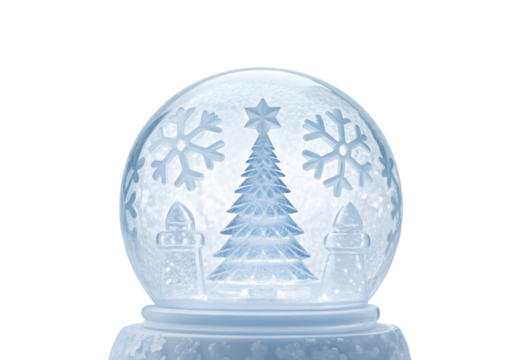 Snow globe with Christmas tree and snowflakes inside, isolated on a transparent background