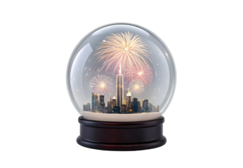 Metropolitan skyline in snow globe with colorful fireworks, isolated on a transparent background