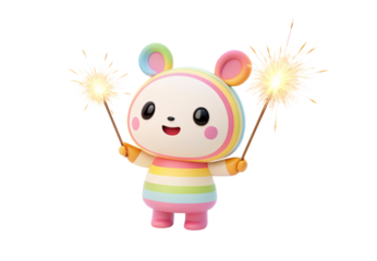 Colorful rainbow character holding sparklers with happy expression, celebrating joyfully, isolated on a transparent background