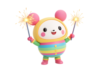 Cheerful character in striped suit holding sparklers, isolated on a transparent background