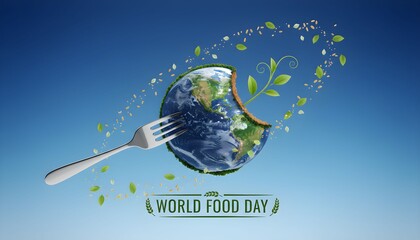 A fork pierces a globe, depicting a food-related concept with leaves and text.