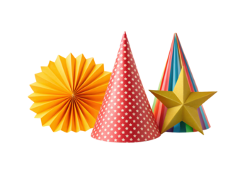 Yellow fan, pink cone, striped cone, gold star, colorful party decorations, isolated on a transparent background