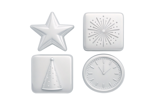 Four white embossed tiles showing star, firework, tree, clock designs, minimal style, isolated on a transparent background