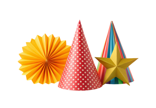 Yellow fan, pink cone, striped cone, gold star, colorful party decorations, isolated on a transparent background