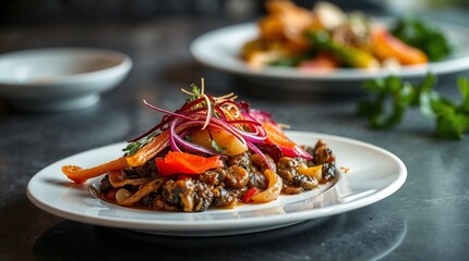 Professional food photography, vibrant colors, earthy and cool contrast, showcasing upscale restaurant dish with artistic presentation and garnishes.