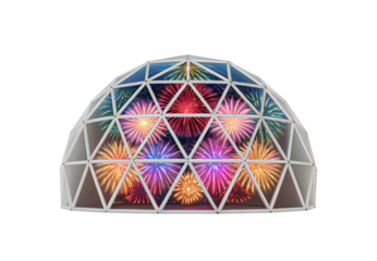 Geodesic dome with fireworks display on triangular panels, isolated on a transparent background