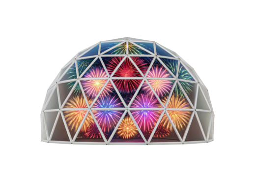Geodesic dome with fireworks display on triangular panels, isolated on a transparent background