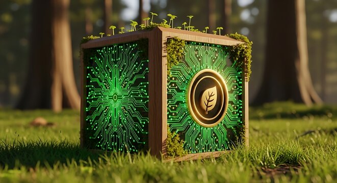 A glowing cube with a leaf symbol and circuit board pattern, covered in moss and small plants, sits in a forest clearing
