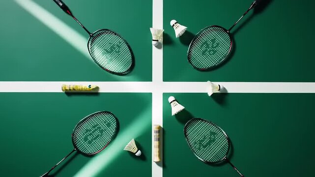 Badminton rackets and shuttlecocks on court.