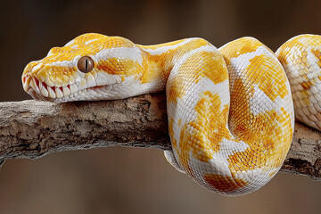 Fototapeta premium Serpents domestiques en terrarium – portraits réalistes de reptiles NAC, écailles détaillées, couleurs variées, animaux exotiques sur branches et décors naturels