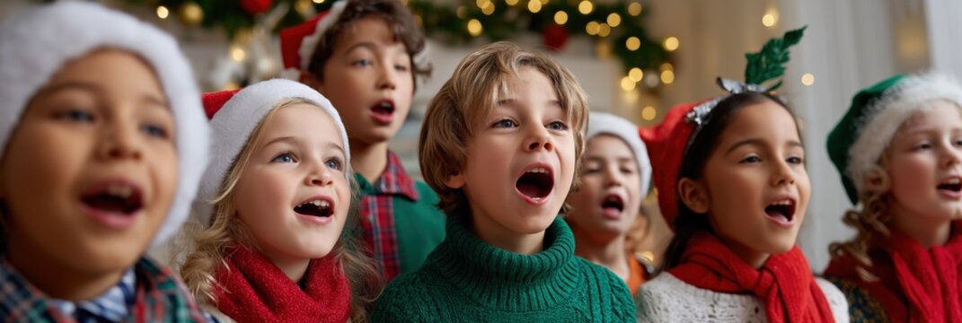 Diverse children singing christmas carols in festive attire during holiday celebration - Powered by Adobe