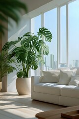 Fototapeta premium Modern living room with monstera plant and city view through panoramic windows