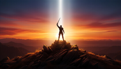 Warrior standing on mountain peak with sword raised at sunset  
