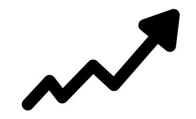 Black upward trending arrow icon for business growth, success charts, analytics visuals, and infographic design elements