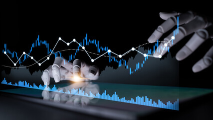 This image showcases a futuristic concept of financial trading, illustrating hands interacting with advanced data visualizations on a digital screen, symbolizing investment growth. Scalp