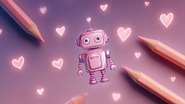 Whimsical pink robot surrounded by glowing hearts and drawing pencils floats in a soft light.