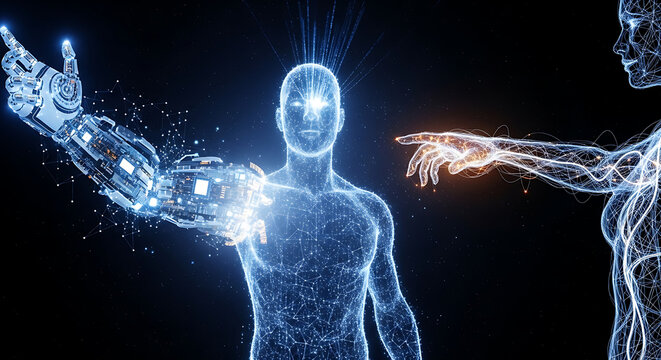 Digital human reaching out to a robotic arm in a dark technological space with glowing connections