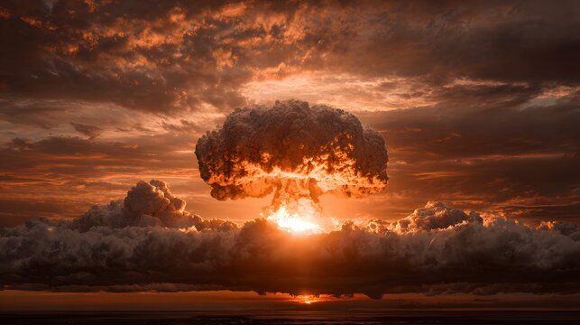 Massive mushroom cloud ascends into a dramatically lit, turbulent sky at sunset
