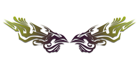 Abstract tribal style symmetrical wings with a green and purple gradient.