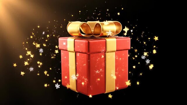 Red Christmas gift box with exploding golden stars. Holiday present for celebration and festive event. Surprise animation.