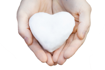 Hand holding a white heart-shaped object against a transparent background, symbolizing love and affection, perfect for creative projects and designs with copy space. transparent background, isolated