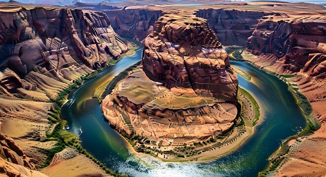 Aerial view of a winding river forming a horseshoe bend around a large rocky formation in a canyon landscape under clear sky