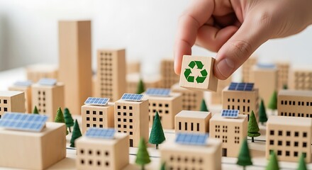 Hand placing a recycling symbol block onto a miniature city model with solar panels and trees