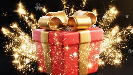 Red Christmas gift box with gold ribbon floating, sparkling with snowflakes and floating golden ornaments for holiday celebration - Powered by Adobe