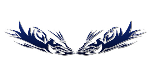 Symmetrical blue tribal tattoo design of two facing wolves or dragons on a white background.
