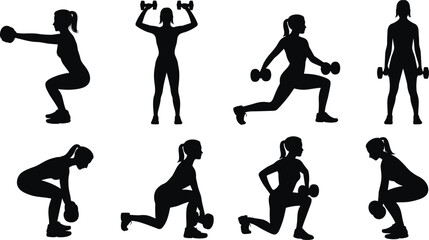 Fitness silhouette, dumbbell workout, strength training, exercise pose, black vector, athlete form, gym routine, isolated figure, sport icon, body movement