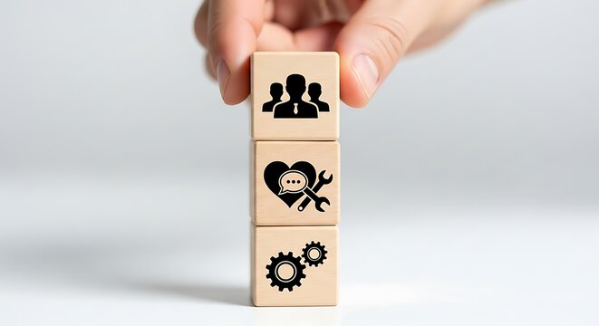 Teamwork, customer service, and operational efficiency represented by icons on wooden blocks
