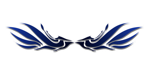 Symmetrical blue tribal wing design abstract graphic element.