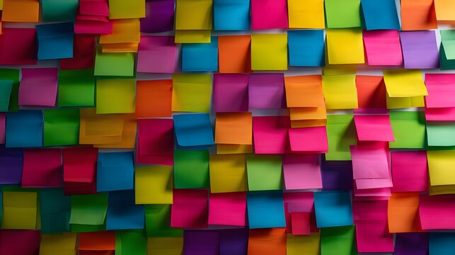 Numerous brightly colored adhesive notepaper squares cover a surface in a dense pattern