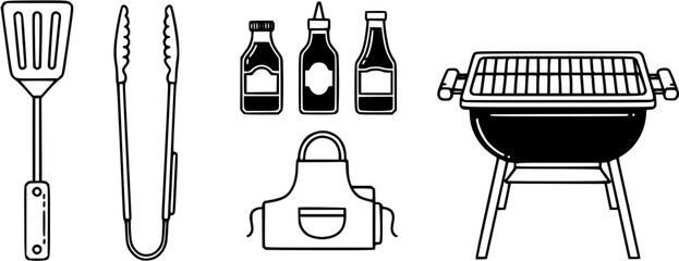 Barbecue tools set. Spatula, tongs, sauces, apron and grill. Kitchen utensils collection.
