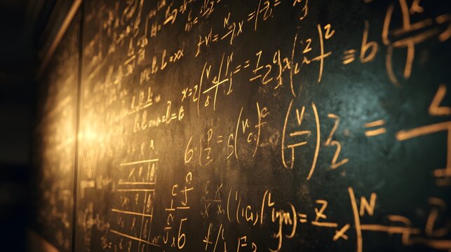 Complex mathematical equations cover a dark surface illuminated by warm, dramatic lighting.