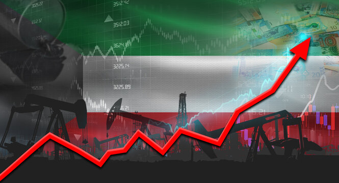 Growth of oil industry with Kuwaiti flag. Oil pumps with Kuwaiti flag. Oil production with Kuwait flag