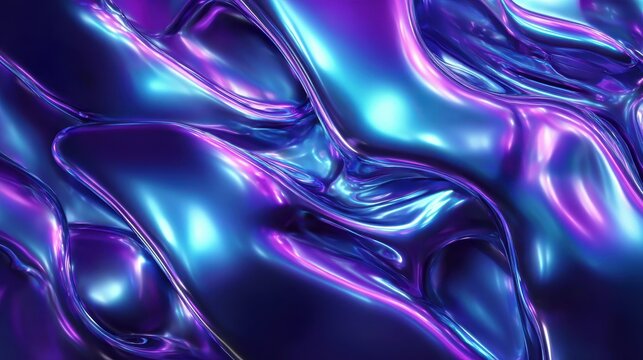 3d render Metallic liquid background. Abstract neon texture. Rainbow 3d holographic foil. Wavy glossy surface in blue and purple colors Background.