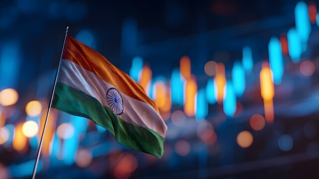 Waving national flag fabric positioned before an abstract, glowing chart display