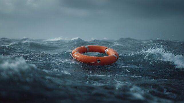 Bright orange flotation device floats amidst dark, turbulent ocean waves under a gloomy sky.