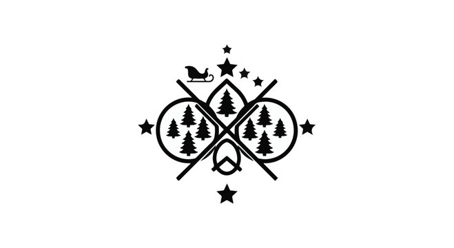 Whimsical Christmas emblem with Santa's sleigh and festive trees