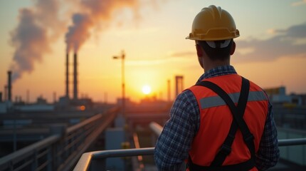worker with harness and helmet overlooks plant and chimney. smoke rises during sunset. safety railing lines platform. industrial structures span horizon. pipeline and walkway form service corridor.