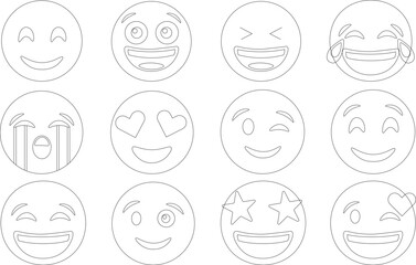 Simple vector outline set of 12 various emoji face expressions for coloring and design.