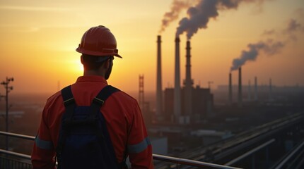 worker with harness and helmet overlooks plant and chimney. smoke rises during sunset. safety railing lines platform. industrial structures span horizon. pipeline and walkway form service corridor.
