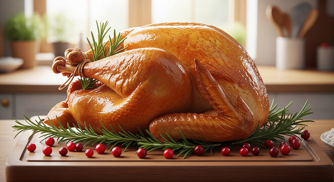 Close-up of a roasted turkey garnished with rosemary and cranberries, presented on a wooden board, representing festive dining and Thanksgiving celebration
