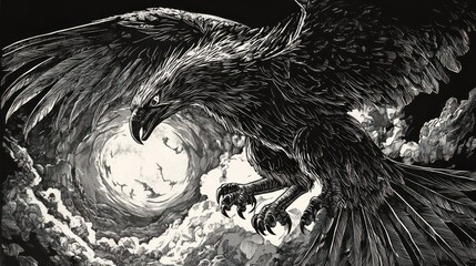 Majestic black eagle in flight, moonlit sky, powerful, mythical creature