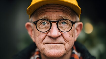 Close up portrait captures serious expression of elderly gentleman wearing yellow headwear and round eyeglasses