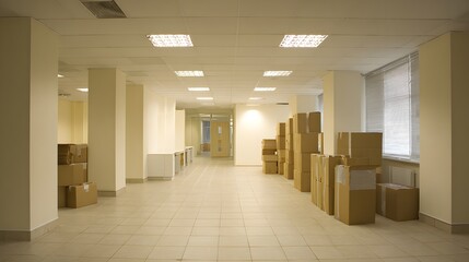 Numerous cardboard shipping containers line the hallway of a spacious, empty commercial interior